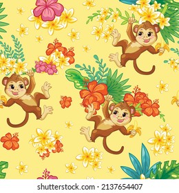 Tropical seamless pattern with cute monkey and exotic flowers isolated on yellow background. Vector illustration. For print, linen, design, wallpaper, decor, textile, packaging, kids apparel