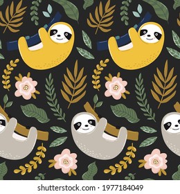 Tropical seamless pattern with cute sloth, exotic leaves and branches. Beautiful summer background. Hand drawn vector illustration. Colorful endless texture for wrapping, textile, fabric design.