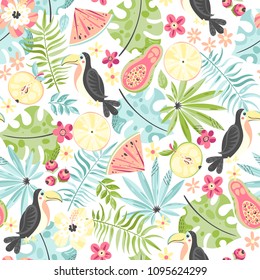 Tropical seamless pattern with cute toucan plants and fruits in cartoon style. Vector illustration.