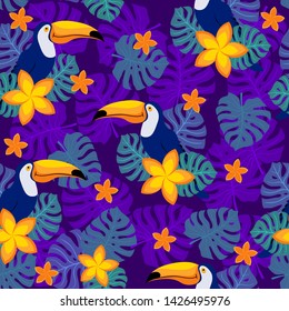 Tropical seamless pattern with cute toucans, monstera leaves and plumeria on dark purple background. Wildlife repeated ornament in bright juicy colores for wrapping paper, fabric or wallpaper.