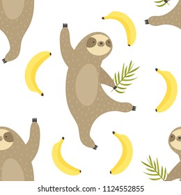 Tropical seamless pattern with dancing sloths and bananas