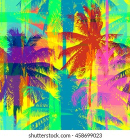 tropical seamless pattern depicting pink and purple palm trees with with yellow highlights reflections on a turquoise background in crazy colors