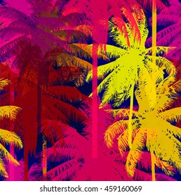 tropical seamless pattern depicting pink and purple palm trees with with yellow highlights reflections on a turquoise background in in psychedelic colors