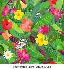 Tropical seamless pattern design. Exotic plants and flowers illustration.