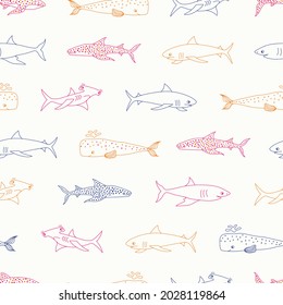 Tropical seamless pattern design with sharks and whales. Full of fun colors, perfect for ocean and marine themed projects. Minimalistic vector pattern with hand drawn elements. 