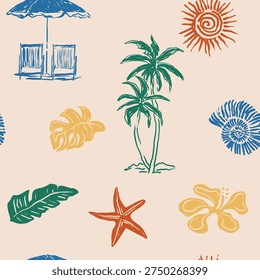 tropical seamless pattern design. summer beach print design. hand drawing line art graphic. palm tree with sea island. summer wallpaper background. textile fabric design. perfect for tee t-shirt tops sweatshirt des