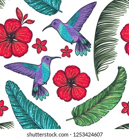 Tropical seamless pattern. Tropical design template. Hummingbird and palm leaves vector illustration.  Summer design.