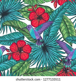 Tropical seamless pattern. Tropical design template. Hummingbird and palm leaves vector illustration. Summer design. 