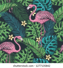 Tropical seamless pattern. Tropical design template. Flamingo and palm leaves vector illustration. Summer design. 