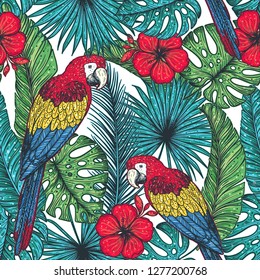 Tropical seamless pattern. Tropical design template. Parrot and palm leaves vector illustration. Summer design. Beautiful design for textiles. Jungle pattern. Print on cloth template. 