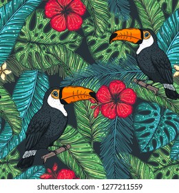 Tropical seamless pattern. Tropical design template. Toucan and palm leaves vector illustration. Summer design. Beautiful design for textiles. Jungle pattern. Print on cloth template. 