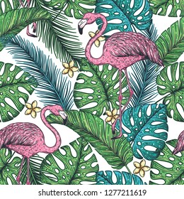 Tropical seamless pattern. Tropical design template. Flamingo and palm leaves vector illustration. Summer design. 