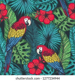 Tropical seamless pattern. Tropical design template. Parrot and palm leaves vector illustration. Summer design. Beautiful design for textiles. Jungle pattern. Print on cloth template. 