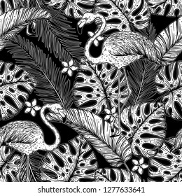 Tropical seamless pattern. Tropical design template. Sketch style. Flamingo and palm leaves vector illustration. Summer design. Beautiful design for textiles. Jungle pattern. Print on cloth template. 