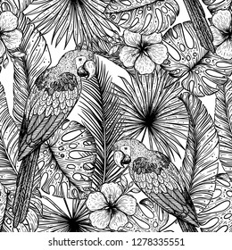 Tropical seamless pattern. Tropical design template. Parrot and palm leaves vector illustration. Summer design. Beautiful design for textiles. Jungle pattern. Print on cloth template. 