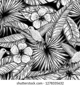 Tropical seamless pattern. Tropical design template. Hummingbird and palm leaves vector illustration. Summer design. Beautiful design for textiles. Jungle pattern. Print on cloth template. 