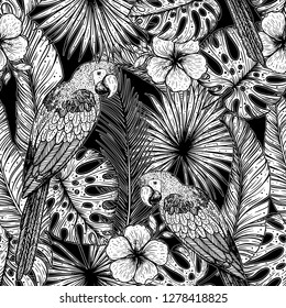 Tropical seamless pattern. Tropical design template. Parrot and palm leaves vector illustration. Summer design. Beautiful design for textiles. Jungle pattern. Print on cloth template. 