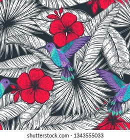 Tropical seamless pattern. Tropical design template. Hummingbird and palm leaves vector illustration. Summer design. Beautiful design for textiles. Jungle pattern. Print on cloth template.