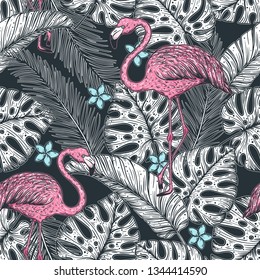 Tropical seamless pattern. Tropical design template. Sketch style. Flamingo and palm leaves vector illustration. Summer design. Beautiful design for textiles. Jungle pattern. Print on cloth template.