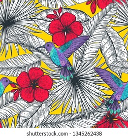 Tropical seamless pattern. Tropical design template. Hummingbird and palm leaves vector illustration. Summer design. Beautiful design for textiles. Jungle pattern. Print on cloth template. 