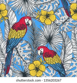 Tropical seamless pattern. Tropical design template. Parrot and palm leaves vector illustration. Summer design. Beautiful design for textiles. Jungle pattern. Print on cloth template. 