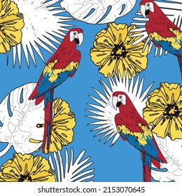 Tropical seamless pattern. Tropical design template. Parrot and palm leaves vector illustration. Summer design. Beautiful design for textiles. Jungle pattern. Print on cloth template.