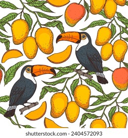Tropical seamless pattern. Tropical design template. Toucan bird and mango fruit vector illustration. Summer design. Beautiful design for textiles. Print on cloth template