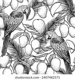 Tropical seamless pattern. Tropical design template. Parrot and mango fruit vector illustration. Summer design. Beautiful design for textiles. Print on cloth template.