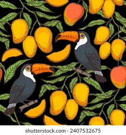 Patrón tropical sin fisuras. Plantilla de diseño tropical. Ilustración de vectores de aves y frutos de mango. Diseño de verano. Hermoso diseño para textiles. Imprimir en plantilla de tela