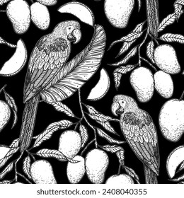 Tropical seamless pattern. Tropical design template. Parrot and mango fruit vector illustration. Summer design. Beautiful design for textiles. Print on cloth template.