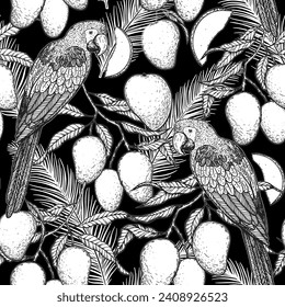 Tropisches nahtloses Muster. Tropische Design-Vorlage. Papagei und Mango-Frucht, Vektorgrafik. Sommerdesign. Schönes Design für Textilien. Drucken Sie eine Stoffvorlage aus.