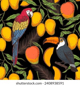 Tropical seamless pattern. Tropical design template. Parrot, toucan and mango fruit vector illustration. Summer design. Beautiful design for textiles. Print on cloth template.