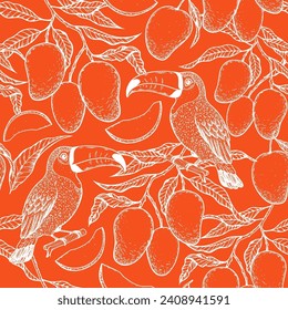 Tropical seamless pattern. Tropical design template. Toucan and mango fruit sketch. Vector illustration. Summer design. Beautiful design for textiles. Print on cloth template.