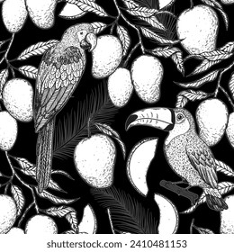 Tropisches nahtloses Muster. Tropische Design-Vorlage. Papagei, Toucan und Mango Obstgrafik. Sommerdesign. Schönes Design für Textilien. Drucken Sie eine Stoffvorlage aus.