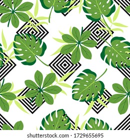 Tropical seamless pattern with different green leaves. Vector illustration on white background. Exotic wallpaper with geometric pattern. For web, banners, scrapbooking, printing on fabric, wrapping.