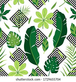 Tropical seamless pattern with different green leaves. Vector illustration on white background. Exotic wallpaper with geometric pattern. For web, banners, scrapbooking, printing on fabric, wrapping.