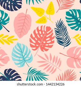 tropical seamless pattern with different leaves on pastel pink background. Vector seamless pattern with tropical leaves for textile and fabric