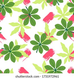 Patrón tropical sin costuras con hojas y manchas de pintura rojas diferentes. Ilustración vectorial sobre fondo blanco. Papel de pared exótico. Para diseño web, banners, scrapbooking, impresión en tela, envoltura.