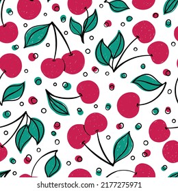 Patrón tropical sin fisuras con cereza roja doodle. Patrón de cerezas dibujadas a mano sobre fondo blanco. para tejidos, etiquetas de dibujo, impresión, papel pintado de la habitación de los niños, fondo de fruta