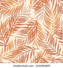 Tropical seamless pattern with dotted palm leaves silhouettes in retro colors. Jungle stipple vector art. Luxury halftone art. Exotic background for summer design, swimwear, t-shirt, fabric, wallpaper - Shutterstock ID 2142496859