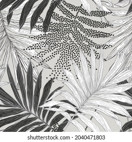 Tropical seamless pattern: dotted sketch palm leaves silhouettes. Jungle vector art. Luxury halftone and line art in monochrome. Exotic background for summer design, beach swimwear, fabric, wallpaper