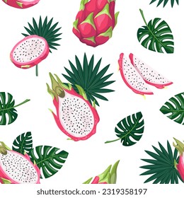 Tropical seamless pattern with dragon fruit or pitahaya and tropical monstera and fan palm leaves. Fruit background in Hawaiian style. For tropical wallpaper, cover, background, poster, summer textile