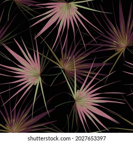 Tropical seamless pattern with exotic abstract colored fan palm leaves. Black background.
