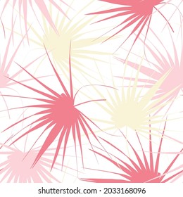 Tropical seamless pattern with exotic abstract colored fan palm leaves. White background.