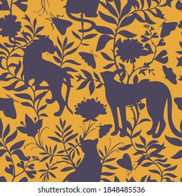 Tropical seamless pattern with exotic animals. Leopard and tiger silhouettes with abstract flowers and plants. Nature jungle pattern. Vintage classic flat style.