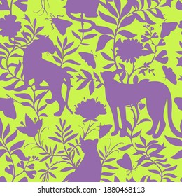 Tropical seamless pattern with exotic animals. Leopard and tiger silhouettes with abstract flowers and plants. Nature jungle pattern. Vintage classic flat style.
