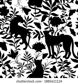 Tropical seamless pattern with exotic animals. Leopard and tiger black silhouettes with abstract flowers and plants isolated on white. Nature jungle pattern. Vintage classic ink tattoo style.