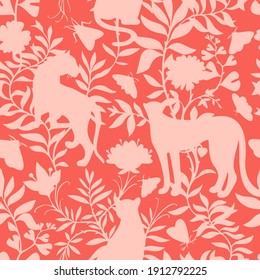 Tropical seamless pattern with exotic animals. Leopard and tiger silhouettes with abstract flowers and plants. Nature jungle pattern. Vintage classic flat style.