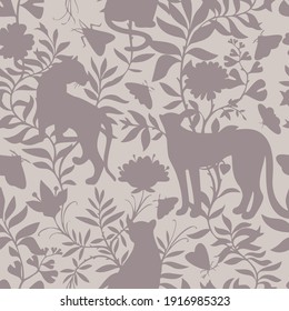 Tropisches nahtloses Muster mit exotischen Tieren. Leoparden und Tigersilhouetten mit abstrakten Blumen und Pflanzen. Naturdschungelmuster. Vintage klassische Wohnung Stil.