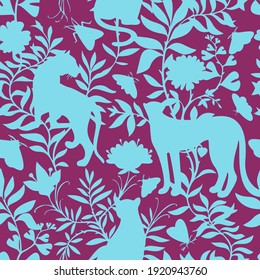 Tropical seamless pattern with exotic animals. Leopard and tiger silhouettes with abstract flowers and plants. Nature jungle pattern. Vintage classic flat style.